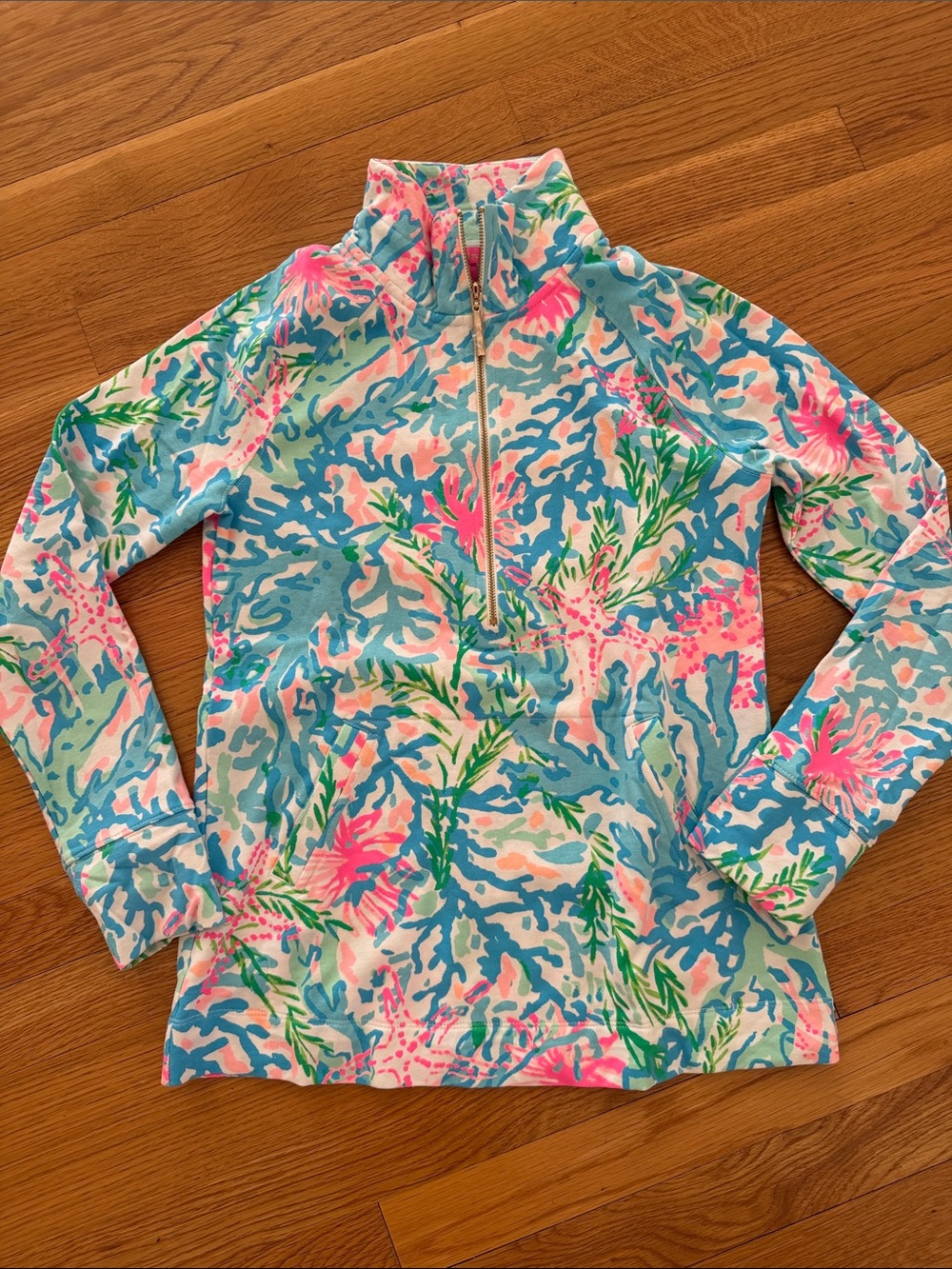 Lilly Pulitzer Neon Coral & Aqua Print Pullover